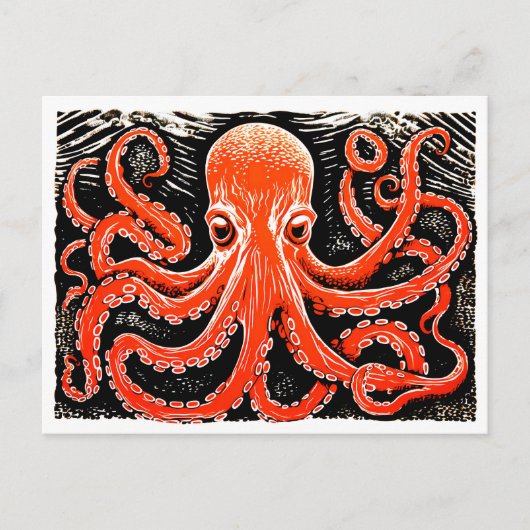 Linocut van een rode octopus op zwart-witte tas briefkaart (Voorkant)