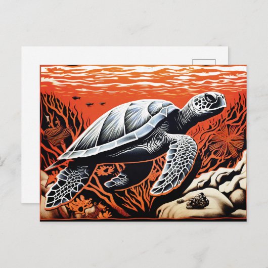 Linocut van een schildpad Zwemmen door een koraalr Briefkaart (Voorkant / Achterkant)