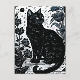 Linocut van een zwarte kat tussen de bloemen briefkaart
