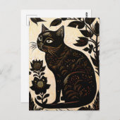 Linocut van een zwarte kat tussen de bloemen briefkaart (Voorkant / Achterkant)