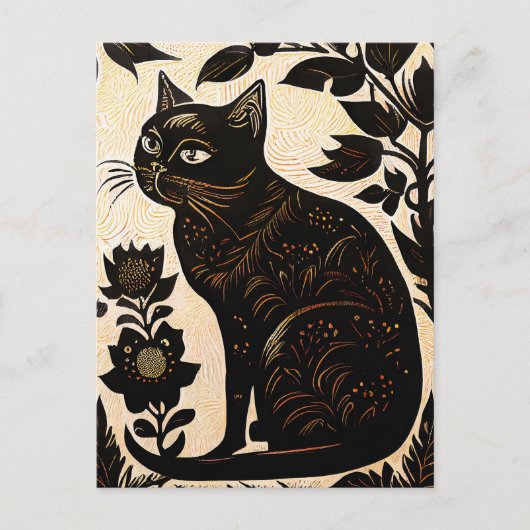 Linocut van een zwarte kat tussen de bloemen briefkaart (Voorkant)