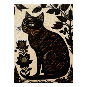 Linocut van een zwarte kat tussen de bloemen perfect poster