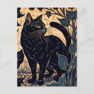 Linocut van een zwarte kat tussen planten met gele briefkaart