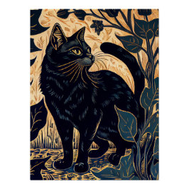 Linocut van een zwarte kat tussen Planten met gele Perfect Poster