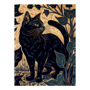 Linocut van een zwarte kat tussen Planten met gele Perfect Poster