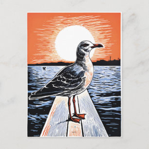 Linocut van meeuw op steiger bij zonsondergang briefkaart