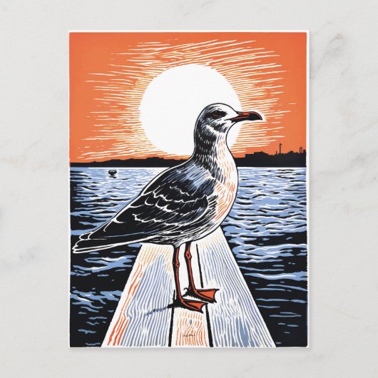 Linocut van meeuw op steiger bij zonsondergang briefkaart (Voorkant)