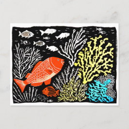 Linocut van rode vissen zwemmen in koraalrif briefkaart