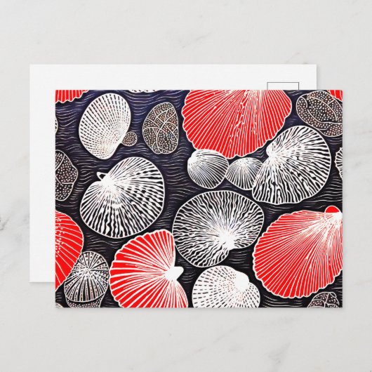 Linocut van Scallop Shells op het strand Briefkaart (Voorkant / Achterkant)