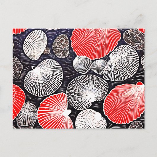 Linocut van Scallop Shells op het strand Briefkaart (Voorkant)