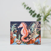 Linocut van Seahorse in het koraalrif Briefkaart (Staand voorkant)