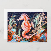 Linocut van Seahorse in het koraalrif Briefkaart (Voorkant / Achterkant)