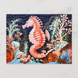 Linocut van Seahorse in het koraalrif Briefkaart