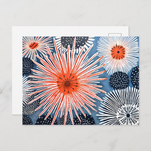 Linocut van verschillende Zee Urchins op een blauw Briefkaart (Voorkant / Achterkant)