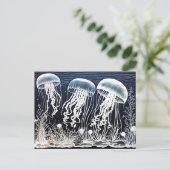 Linocut van witte kwal Zwemmen bij koraalriff Briefkaart (Staand voorkant)