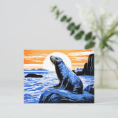 Linocut van Zee Lion op Rocks bij zonsondergang Briefkaart (Staand voorkant)