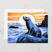Linocut van Zee Lion op Rocks bij zonsondergang Briefkaart (Voorkant / Achterkant)