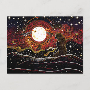 Linocut van zeemeermin staren naar de maan in de g briefkaart
