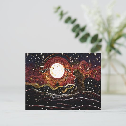 Linocut van zeemeermin staren naar de maan in de g briefkaart (Staand voorkant)