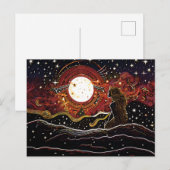 Linocut van zeemeermin staren naar de maan in de g briefkaart (Voorkant / Achterkant)