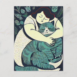 Linocut Voluptuous Woman met een grote kat Briefkaart