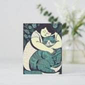 Linocut Voluptuous Woman met een grote kat Briefkaart (Staand voorkant)
