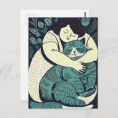 Linocut Voluptuous Woman met een grote kat Briefkaart (Voorkant / Achterkant)