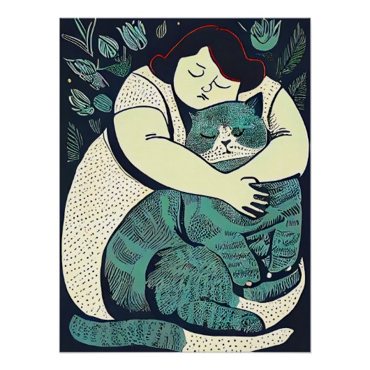 Linocut Voluptuous Woman met een grote kat Perfect Poster (Voorkant)