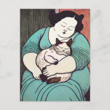 Linocut Voluptuous Woman met een kat