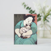 Linocut Voluptuous Woman met een kat Briefkaart (Staand voorkant)