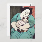 Linocut Voluptuous Woman met een kat Briefkaart (Voorkant / Achterkant)