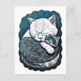 Linocut Witte en Zwarte Kat Slapen Samen Briefkaart