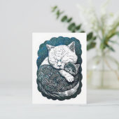 Linocut Witte en Zwarte Kat Slapen Samen Briefkaart (Staand voorkant)