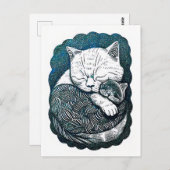 Linocut Witte en Zwarte Kat Slapen Samen Briefkaart (Voorkant / Achterkant)