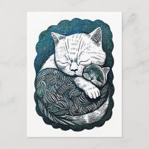 Linocut Witte en Zwarte Kat Slapen Samen Briefkaart