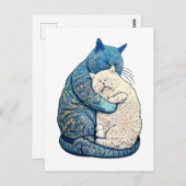 Linocut Witte en Zwarte Kat Slapen Samen Briefkaart (Voorkant / Achterkant)