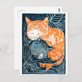 Linocut zwarte en rode kat knuffelen in een Struik Briefkaart (Voorkant / Achterkant)