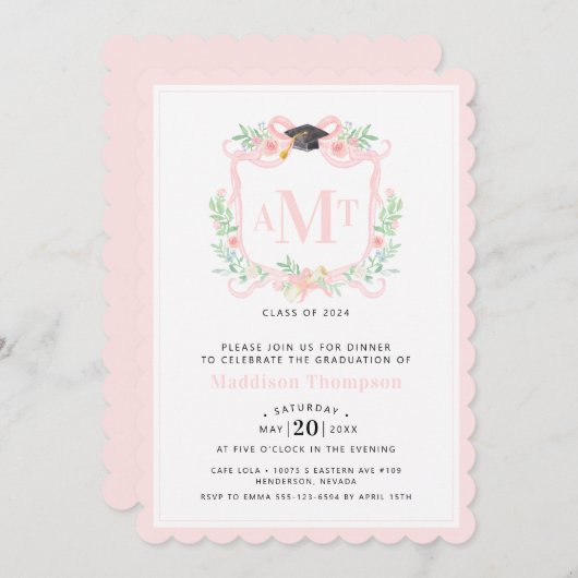 Lint Afstuderen | 3-letterige roze monogram kuif Kaart (Voorkant / Achterkant)