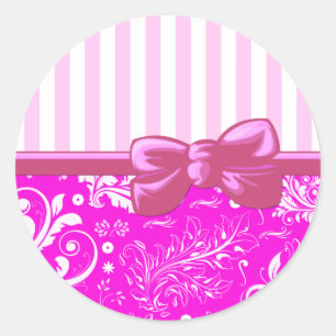 Lint, Bak, Damask, Swirls, Stripes - Roze Wit Ronde Sticker