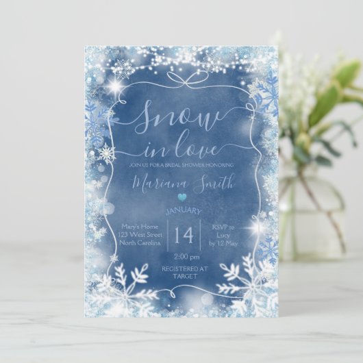 Lint Blauwe Sneeuw in Love Sneeuwvlok Bruidsfeest Kaart (Staand voorkant)