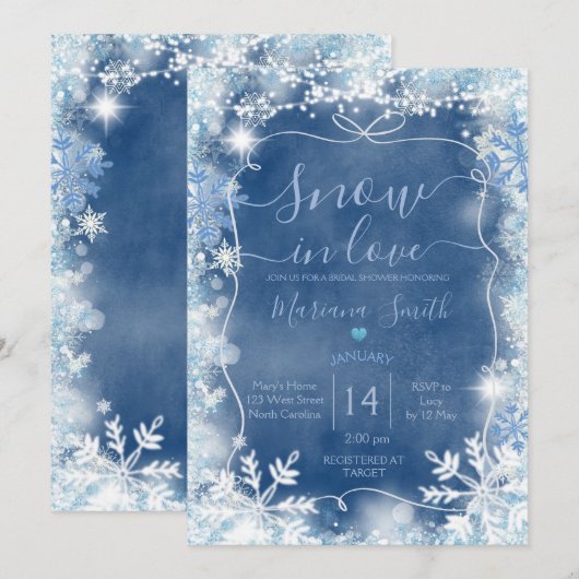 Lint Blauwe Sneeuw in Love Sneeuwvlok Bruidsfeest Kaart (Voorkant / Achterkant)