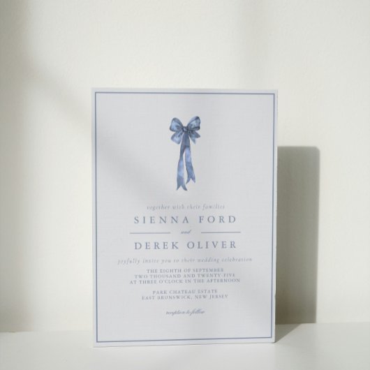 Lint boog elegantie stoffige blauwe bruiloft kaart