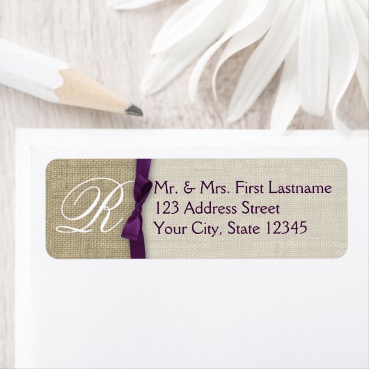 Lint en Burlap Paarse Monogram Etiket (Insitu)
