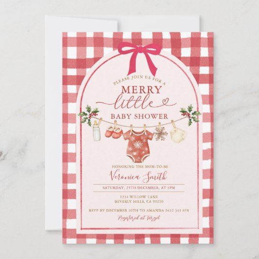 Lint met strik Gingham Kerst Baby Borrel Kaart (Voorkant)