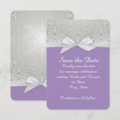 Lint Paarse/Zilveren Kant Damask Bewaar de datum Save The Date (Voorkant / Achterkant)