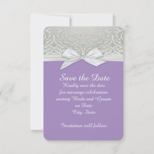 Lint Paarse/Zilveren Kant Damask Bewaar de datum Save The Date (Voorkant)