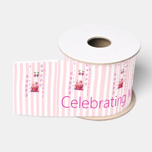 Lint Roze & Witte Streep Gelukkige Verjaardag (Spoel)