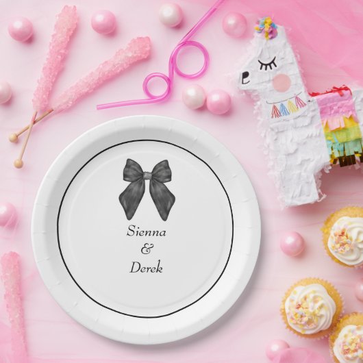 Linten Boog Klassieke Zwarte & Witte Bruiloft Papieren Bordje (Feest)