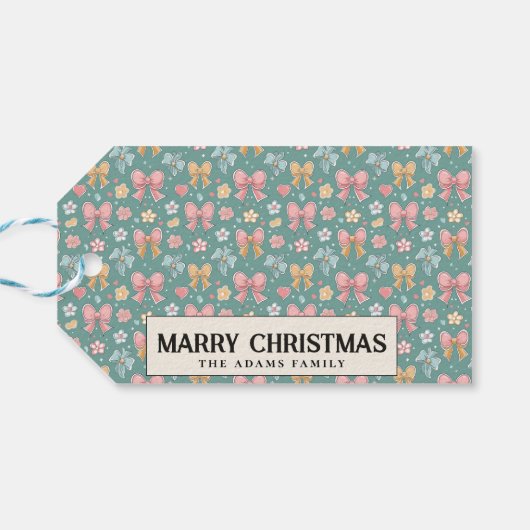 Linten en bloemen Groen Custom Vrolijk Kerstmis Cadeaulabel (Achterkant Horizontaal)