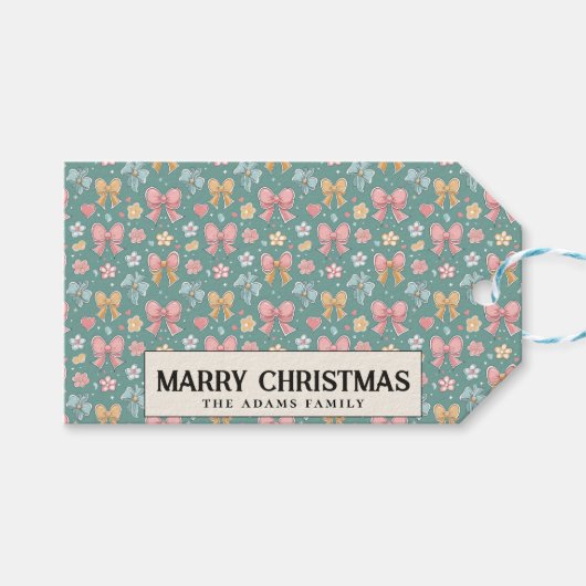 Linten en bloemen Groen Custom Vrolijk Kerstmis Cadeaulabel (Voorkant (Horizontaal))